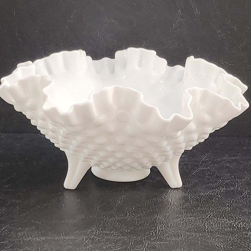 Vintage Fenton White Milk Glass Hobnail Crimped Ruffle Edge 3 Footed Decorative